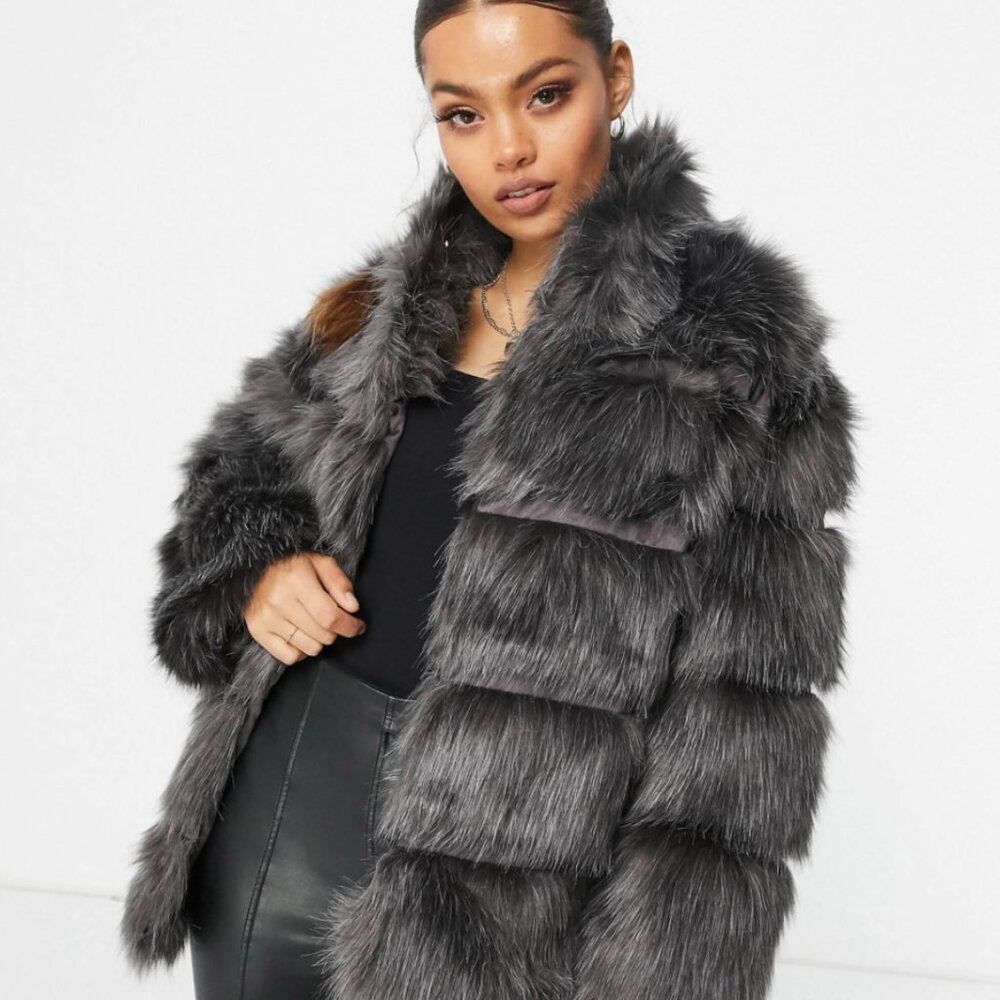 Missguided Black Pelted Faux Fur High Collar Coat